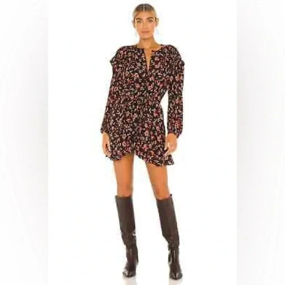 Free People | Flower Fields Black & Orange Floral Print Long Sleeve Mini Dress M - Picture 2 of 16